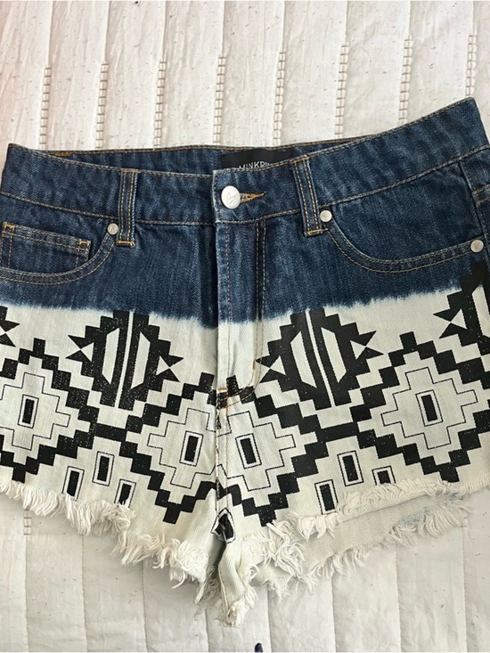MINKPINK Pants - MINKPINK Indigo Blue & White Aztec Fringe Denim Shorts